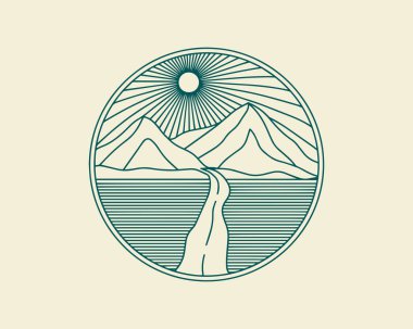 Doğa ve seyahat çizgisi, açık hava rozeti ya da amblemi. Yuvarlak bohem logosu tasarımı. Moda minimalist çizgi sanatı tarzında modern bir sembol. Giysi baskıları, posterler, damgalama için mükemmel..