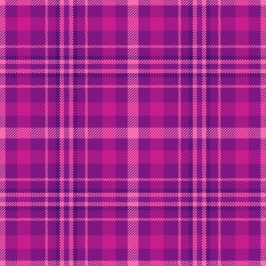 Yoğun desenli arka plan, ekosesiz vektör yayıyor. Dünya çapında tartan, pembe ve mor renk paletinde tekstil kumaşını kontrol et.