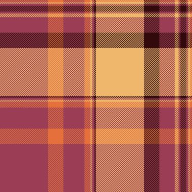 Yaşını kontrol et, kumaş desenini yerleştir. Turuncu ve kırmızı renk paletinde dikişsiz kumaş ekoseli vektör dikiliyor.