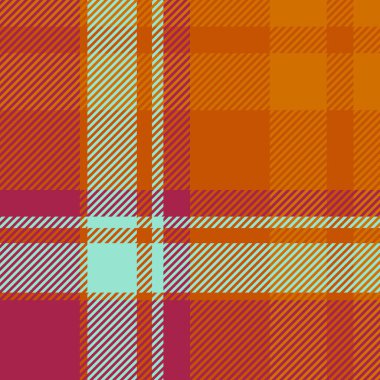 Lovely background check pattern, dimensional tartan texture vector. Hat textile fabric plaid seamless in orange and red colors palette.