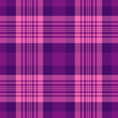 Mevsimlik tekstil kumaşı, çerçevesiz desen arka planı. Mor ve pembe renk paletinde uzun ekose kontrol vektör kumaşı.