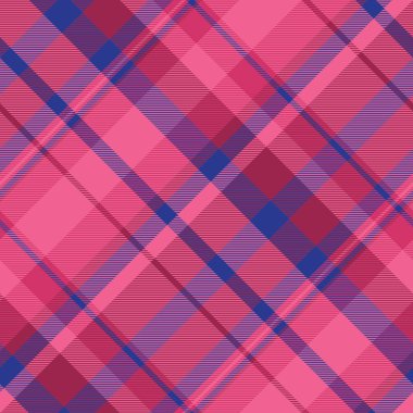 Eski moda tartan kumaş deseni, motif kumaş ekose arka plan. Pembe ve mavi renk paletinde boyutsuz vektör dokusunu kontrol et.