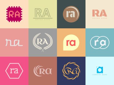 RA logo şirketi şablonu. R harfi ve logoti. Tasarım elemanları ile farklı klasik serif harfleri ve modern kalın metin ayarla. İlk yazı tipi tipografisi.