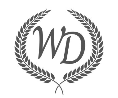 İlk harf W ve D, WD monogram logo tasarımı defne çelengi. Kaligrafi yazı tipli lüks amblem.