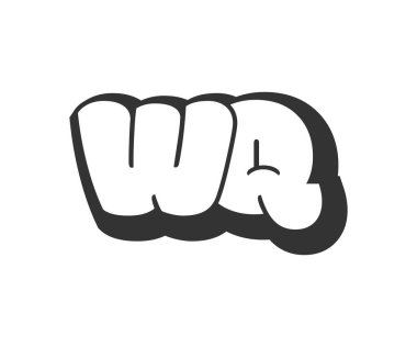 WQ logosu, karikatür harfleri, graffiti stili siyah beyaz siluet. Festival partisi için moda anaokulu W ve Q harfi metin, kişisel baş harfler, çocuklar funky prinky ve web.