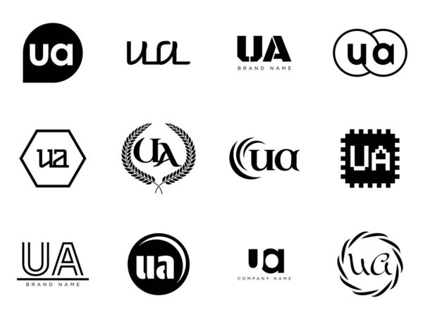 UA logo company template. Letter u and a logotype. Set different classic serif lettering and modern bold text with design elements. Initial font typography.