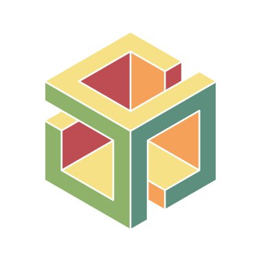 Küp logosu, geometrik vektör tasarımı. Kutu logoti şirketi, izometrik 3 boyutlu teknoloji amblemi.