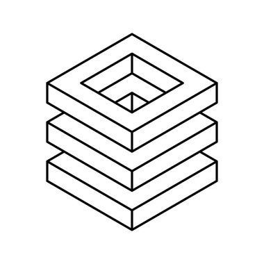 Küp logosu, geometrik vektör tasarımı. Tek renkli kutu logoti şirketi, izometrik çizgi biçiminde moda teknoloji amblemi.