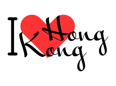 Hong Kong 'u seviyorum, Çin şehrini. Kırmızı kalpli el yazısıyla yazılmış mektuplar. Vektör illüstrasyonu, modern tasarım