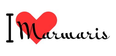 Marmaris 'i seviyorum, Türkiye şehri. Kırmızı kalpli el yazısıyla yazılmış mektuplar. Vektör illüstrasyonu, modern tasarım