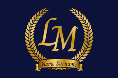 İlk harf L ve M, LM monogram logo tasarımı defne çelengi. Kaligrafi yazı tipli lüks altın amblem.