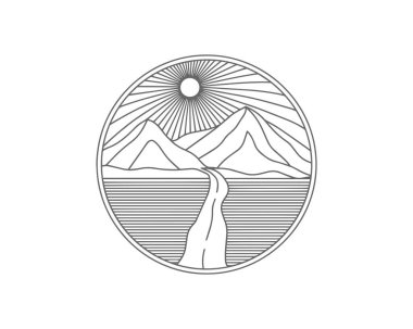 Doğa ve seyahat çizgisi, açık hava rozeti ya da amblemi. Yuvarlak bohem logosu tasarımı. Moda minimalist çizgi sanatı tarzında modern bir sembol. Giysi baskıları, posterler, damgalama için mükemmel..