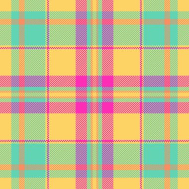 Mevcut arka plan vektör dokusu, canlandırılmış ekose kumaş tartan. Kehribar ve gök mavisi renk paletinde işaretsiz tekstil kalıbı yazdırılıyor.