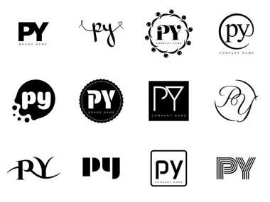 PY logo şirketi şablonu. P harfi ve y logoti. Tasarım elemanları ile farklı klasik serif harfleri ve modern kalın metin ayarla. İlk yazı tipi tipografisi.