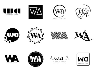 WA logo şirketi şablonu. E harfi ve logoti. Tasarım elemanları ile farklı klasik serif harfleri ve modern kalın metin ayarla. İlk yazı tipi tipografisi.