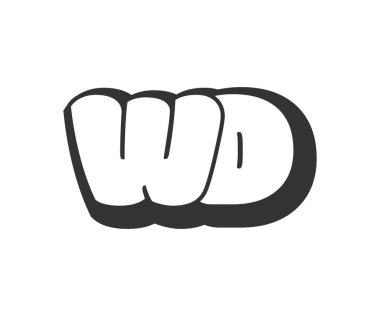 WD logosu, balon komedi harfleri, graffiti stili siyah beyaz siluet şeklinde yuvarlak. Festival partisi için moda okul öncesi W ve D harfi metni, kişisel baş harfler, çocuklar için funky prinky ve web.