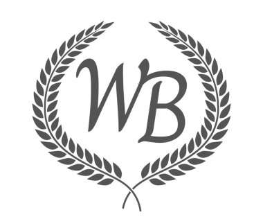 İlk harf W ve B, WB monogram logo tasarımı defne çelengi. Kaligrafi yazı tipli lüks amblem.