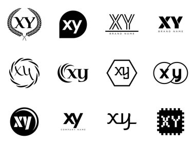 XY logo şirketi şablonu. Harf X ve y logoti. Tasarım elemanları ile farklı klasik serif harfleri ve modern kalın metin ayarla. İlk yazı tipi tipografisi.