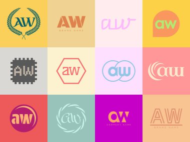 AW logo company template. Letter a and w logotype. Set different classic serif lettering and modern bold text with design elements. Initial font typography. clipart