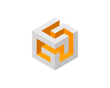 Küp logosu, geometrik vektör tasarımı. Kutu logoti şirketi, piksel biçiminde moda teknoloji amblemi.