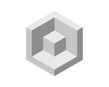 Küp logosu, geometrik vektör tasarımı. Kutu logoti şirketi, piksel biçiminde moda teknoloji amblemi.