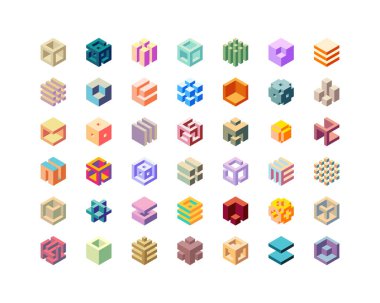 Küp logosu, geometrik vektör tasarımı. Kutu logoti şirketi, izometrik 3 boyutlu teknoloji amblemi.