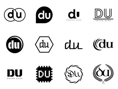 DU logo şirketi şablonu. D harfi ve senin logotin. Tasarım elemanları ile farklı klasik serif harfleri ve modern kalın metin ayarla. İlk yazı tipi tipografisi.