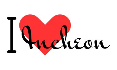 Incheon 'u seviyorum, Güney Kore' yi. Kırmızı kalpli el yazısıyla yazılmış mektuplar. Vektör illüstrasyonu, modern tasarım