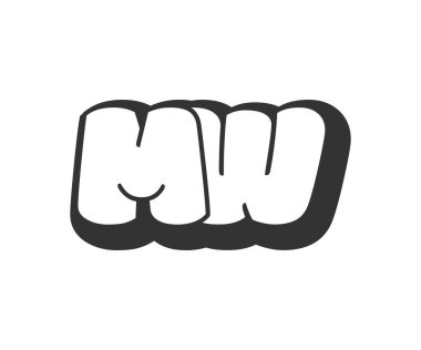 MW logosu, karikatür harfleri, graffiti stili siyah beyaz siluet şeklinde yuvarlak. Festival partisi için modaya uygun anaokulu M ve W harfi metni, kişisel baş harfler, çocuklar için funky print ve web.