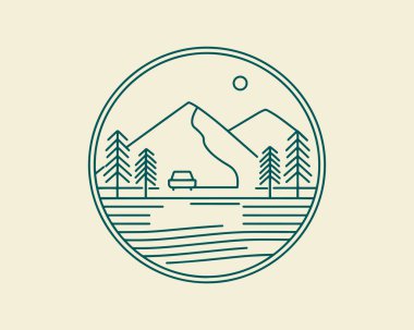 Doğa ve seyahat çizgisi, açık hava rozeti ya da amblemi. Yuvarlak bohem logosu tasarımı. Moda minimalist çizgi sanatı tarzında modern bir sembol. Giysi baskıları, posterler, damgalama için mükemmel..