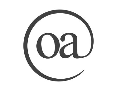 Çember şeklinde e-posta işareti tarzında iki harften OA logosu. O ve A yuvarlak logotype iş şirketi