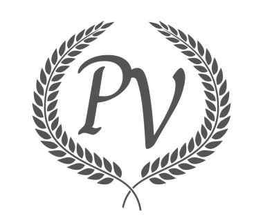 İlk harf P ve V, defne çelenkli PV monogram logo tasarımı. Kaligrafi yazı tipli lüks amblem.