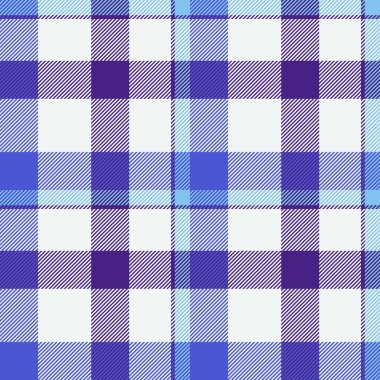 Dikiş dokusu vektörü, tekstil kumaş desenini ayarlıyor. Doğumgünü arkaplan kontrolü beyaz ve mor renk paleti içinde kusursuz tartan.