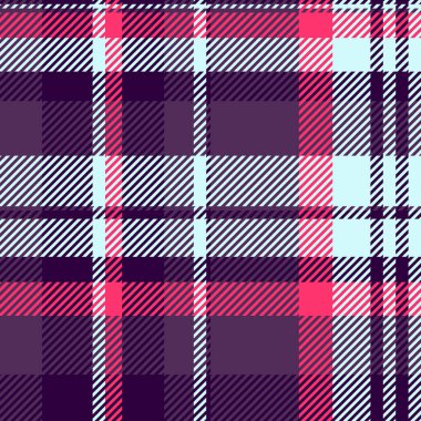 Eksiksiz tekstil kontrolü, açık kumaş tartan vektörü. Mor ve koyu renk paletinde klasik desen ekose arkaplan deseni.