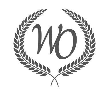 İlk harf W ve O, WO monogram logo tasarımı defne çelengi. Kaligrafi yazı tipli lüks amblem.
