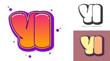 Festival ya da parti için YI logo tasarımı. Y harfi ve ben graffiti tarzında. Yazı tipi tipografisinin yaratıcı modern harfleri. Çocukların trend logoti ya da kimliği.