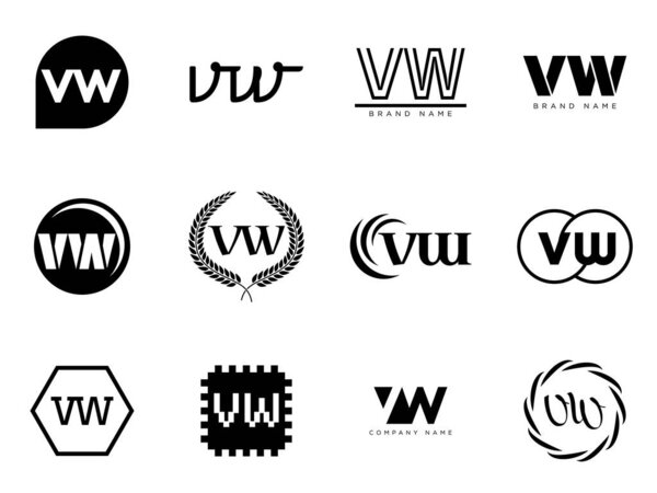 VW logo company template. Letter v and w logotype. Set different classic serif lettering and modern bold text with design elements. Initial font typography.