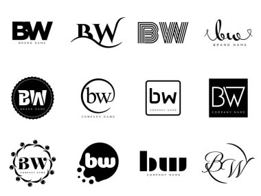 BW logo şirketi şablonu. Harf b ve w logoti. Tasarım elemanları ile farklı klasik serif harfleri ve modern kalın metin ayarla. İlk yazı tipi tipografisi.