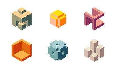 Küp logosu, geometrik vektör tasarımı. Kutu logoti şirketi, izometrik 3 boyutlu teknoloji amblemi.