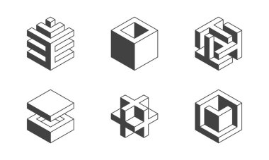 Siyah ve beyaz küp logosu, geometrik vektör tasarımı. Kutu logoti şirketi, izometrik 3 boyutlu teknoloji amblemi.