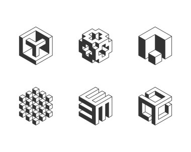 Siyah ve beyaz küp logosu, geometrik vektör tasarımı. Kutu logoti şirketi, izometrik 3 boyutlu teknoloji amblemi.