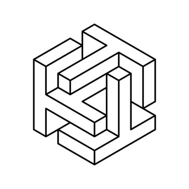 Küp logosu, geometrik vektör tasarımı. Tek renkli kutu logoti şirketi, izometrik çizgi biçiminde moda teknoloji amblemi.