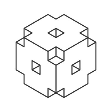 Küp logosu, geometrik vektör tasarımı. Tek renkli kutu logoti şirketi, izometrik çizgi biçiminde moda teknoloji amblemi.