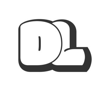 DL logosu, balon komedi harfleri, graffiti stili siyah beyaz siluet şeklinde yuvarlak. Festival partisi için moda okul öncesi D ve L harfi metni, kişisel baş harfler, çocuklar için funky prinky ve web.