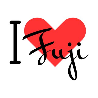 Fuji 'yi seviyorum, Japonya şehri. Kırmızı kalpli el yazısıyla yazılmış mektuplar. Vektör illüstrasyonu, modern tasarım