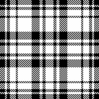 Yatay tekstil ekose kumaş, pürüzsüz arka plan deseni. Siyah ve beyaz renk paletinde neşeli vektör dokusu tartanı.