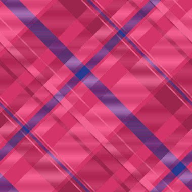 Sıcak tekstil dikişsiz kumaş, muhteşem ekose desenli arka plan. Evlilik vektörü tartan dokusunu pembe ve mavi renk paletinde kontrol et.