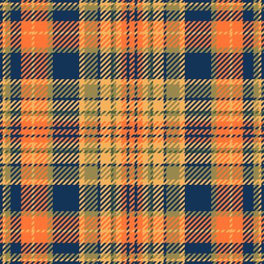 Kumaş dokusunu kontrol et, kısa vektör tekstil dikişsiz. Korece arkaplan ekose desenli mavi ve turuncu kabuklu renk paleti.