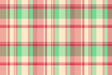İpeksi tartan arka plan kumaşı, vektör kontrolü ekoseli. Kırmızı ve beyazlatılmış badem renkleri paletinde dikişsiz tekstil deseni çıktısı.
