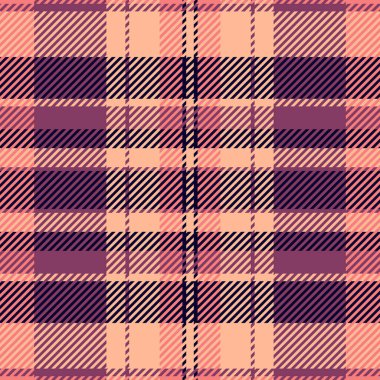 Üretim kontrolü ekose vektörü, kitap desenli kumaş dokusu. Turuncu ve pembe renk paletinde tekstil dikişsiz tartan arkaplan.